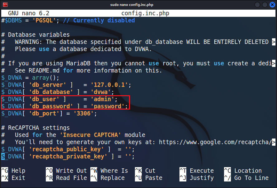 Configuration file of DVWA in Kali Linux