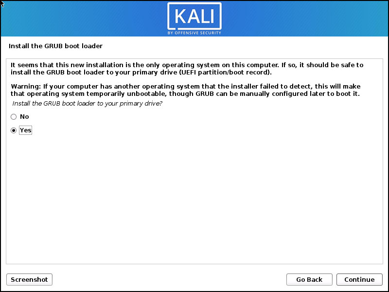 Kali Linux GRUB Installation